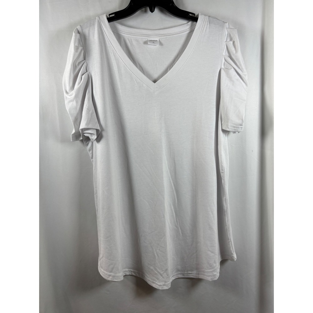 XIEERDUO White V-Neck Puff Sleeve T-Shirt Women XL Pleated Short Sleeve Top